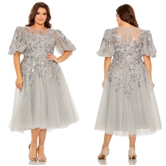 Mac Duggal Dresses & Skirts - Mac Duggal 20475 Gray Silver Beaded Sequin Midi Dress Size 16